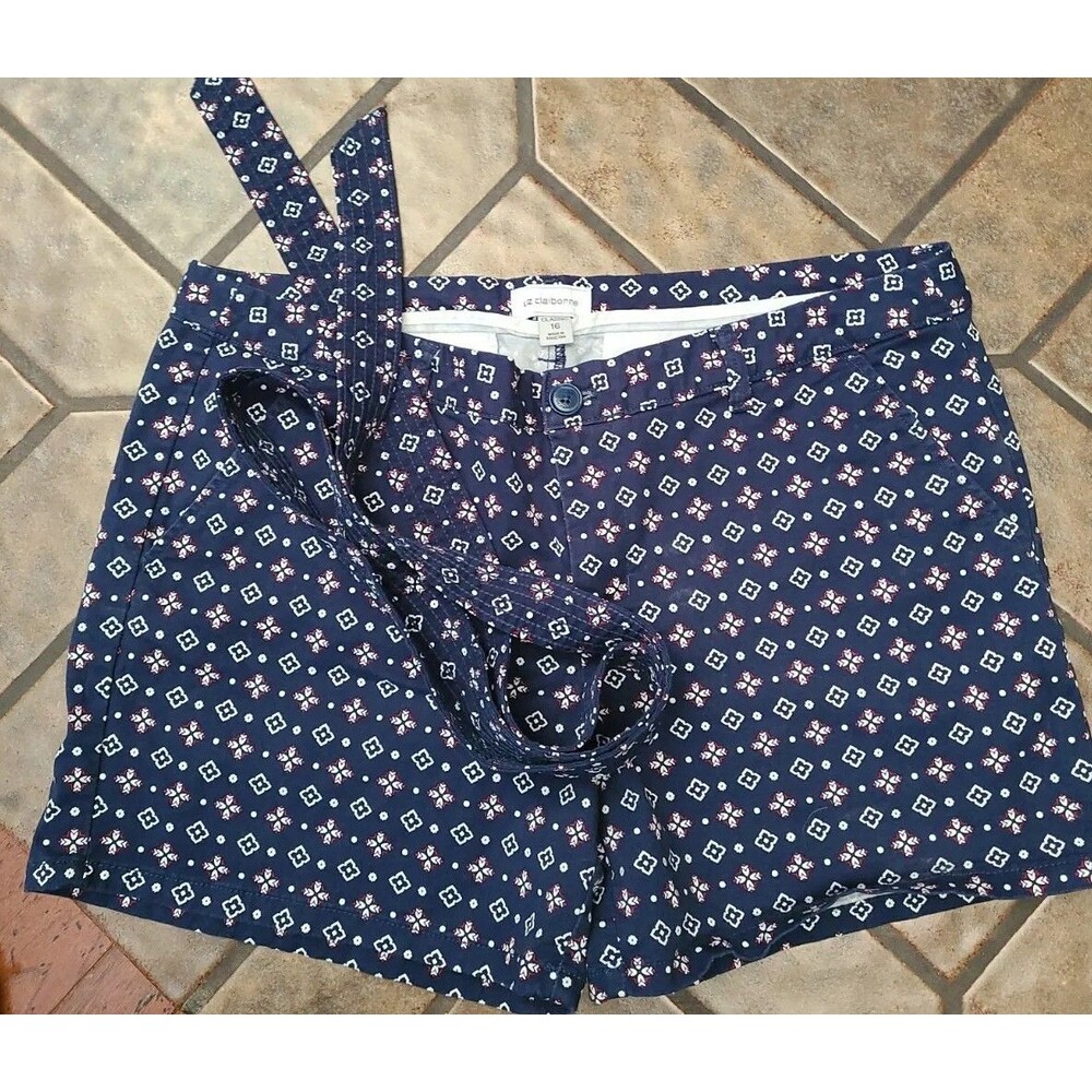 LIZ CLAIBORNE Classic Shorts Women's 16 Bermuda American Navy Tile Belted